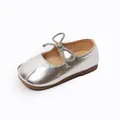 Shiny silver Mary Jane flats for girls with soft sole and delicate bow detail. - Size 21-25 (Pack of 5) / Mary Jane Shoes / Silver
