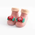 Pink fleece-lined winter baby walking sock shoes with festive snowflake decoration - 18-19 (Inner Length 11.5cm) / Snowflake Style / Christmas Snow Pink