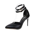 Elegant black pointed-toe stilettos featuring double ankle straps and golden buckles - 35 / Black