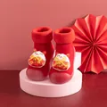 Festive red winter fleece baby sock shoes featuring a cute 3D lucky cat for pre-walker safety - Lucky Cat Style