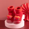 Red festive baby walking sock shoes with warm fleece lining and cute fish decoration - Koi Fish Style