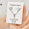 Minimalist silver stainless steel turtle jewelry set including necklace and stud earrings - Hollow Sea Turtle Style (TT-192)