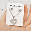 Elegant silver stainless steel heart necklace and earring jewelry set with floral detail - Half Solid Half Hollow Floral Heart Style (TT-195)