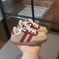 Kids beige and burgundy German training style sneakers with soft sole and lace up design - 22 / Brown
