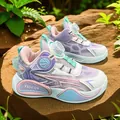 Breathable mesh basketball sneakers for kids with rotary dial laces in purple and pink - Purple