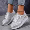 Stylish silver platform wedge sneakers for women with lace-up design and gold accents - 37 / Silver
