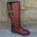 Vintage burgundy knee-high knight boots for women with side zipper and buckle detail - 35 / Burgundy
