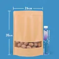 Brown Kraft paper stand-up pouch with frosted window 26x35cm for snacks and nuts storage - 100 Pieces (26x35+5cm) / Brown (Matte Style)