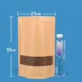Stand-up kraft paper bag with frosted window, 23x33cm self-sealing food storage pouch - 100 Pieces (23x33+5cm) / Brown Matte Kraft Paper
