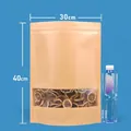 Kraft paper stand up pouch with frosted window 30x40cm for food storage. - 100 Pieces (30x40+5cm) / Brown Matte Kraft Paper
