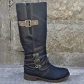 Women's navy blue knee-high riding boots with decorative metal buckle and side zipper - 35 / Black