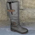 Grey tall knight boots with buckle detail and side zipper for women in winter. - 35 / Gray