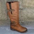 Women's brown knee-high knight boots with buckle strap and side zipper details. - 35 / Dark Brown