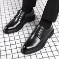 Elegant black British style business dress shoes with pointed toe on grid pattern floor - 37 / Black Height Increasing