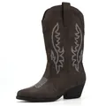 Classic women's dark brown embroidered cowboy boots with block heel and pointed toe. - 36 / Brown