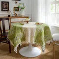 Nappe ronde rétro française avec motif de feuilles vertes et bordure à pompons décorative - Secret de Feuilles (Crochet à Pois Z6 au Milieu) / 60x60cm (Petit Couvercle Carré)