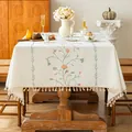 Elegant white tablecloth with floral embroidery and tassel fringe in a cozy dining setting - Qiongzhi Plain Weave / 140*220cm / Pink