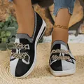 Elegantes mocasines tejidos bicolor para mujer con hebilla de cristal brillante - 36 / Negro