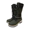 Stylish olive green mid-calf lace-up boots with buckle and platform sole for women. - Green