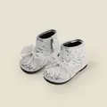 Sparkly silver sequin baby girl walker boots with elegant lace and pearl bow details - Size 15/Inner Length 12cm / Silver