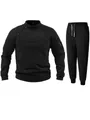 Close-up of black men's fleece tracksuit set with stand collar and zipper details - Black