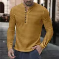 Front view of men's long-sleeve yellow striped Henley shirt with multi-button collar - S / Tops / Yellow
