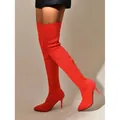 Vibrant red knitted over-the-knee stretch boots with stiletto high heels for women. - 36 / Red