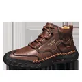 High-quality brown leather men's casual ankle boots with decorative hand-stitching - 38 / Dark Brown Style (9567)