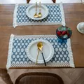 Farmhouse woven cotton linen placemats with blue diamond pattern and white tassels - Style MX21 / 30x50cm / Blue Rhombus