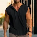 Close-up of black sleeveless hooded vest for men showing fabric texture and fit - S / Tops / Black