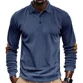 Detail view of men's vintage blue corduroy long sleeve polo shirt with elbow patches - S / Tops / Navy Blue