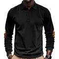 Men's retro black corduroy long sleeve polo shirt featuring brown elbow patches. - S / Tops / Black