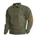 Detail showing the corduroy texture and brown elbow patches of the men's polo. - S / Tops / Army Green