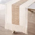 Chemin de table bohème en coton tissé avec motif à rayures et élégants pompons à franges - MX05 (Milieu Brun Style Gland) / 30x50cm / Marron