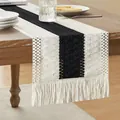Chemin de table bohème en coton tissé avec rayures noires et blanches et pompons - MX05 (Milieu Noir Style Gland) / 30*50cm / Noir