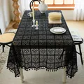 Nappe rectangulaire noire au crochet de style vintage français avec d'élégantes franges - Style Classique à Franges à Carreaux / 60x60cm (Petite Nappe Carrée) / Noir