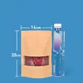 Professional 14x20cm kraft paper stand-up pouch with clear window for dry food storage - 100 Pieces (14x20+4cm) / Brown (Clear Style)