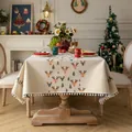 Festive jacquard Christmas tablecloth featuring reindeer patterns and white pom-pom trim detail - 140*100cm / Christmas Cedar Reindeer