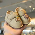 Beige cartoon bear baby walking shoes with non-slip soft soles and LED lights - Size 16 (Inner Length 11.5cm) / Khaki