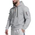 Zijaanzicht van een grijze zware herenhoodie met capuchon, halve rits en mouwzak - S / Tops / Lichtgrijs