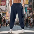 Detail showing heavy navy blue knit joggers featuring a side cargo zipper pocket - S / Navy Blue