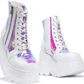 Stylish white platform wedge ankle boots with holographic iridescent snakeskin pattern - 35 / White