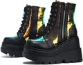 Women's high platform wedge boots featuring black leather and iridescent snake pattern - 35 / Black