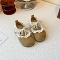 Chaussures de princesse marron pour filles avec bordure en dentelle et nœud en perles - 21 / Kaki