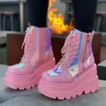 Chunky pink platform boots featuring iridescent holographic panels and a high wedge sole - 35 / Pink