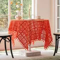 Nappe en crochet orange vintage français avec glands élégants pour table basse ronde - Crochet à Carreaux (Glands Oranges) / 60x60cm (Petit Couvercle Carré)