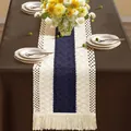Chemin de table bohème élégant en coton tissé avec glands en bleu marine et crème - MX05 (Milieu Bleu Style Gland) / 30*50cm / Bleu