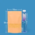 Kraft paper stand-up pouch with window for food packaging, 15x22cm size reference - 100 Pieces (15x22+4cm) / Kraft Paper with Clear Window