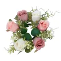 Detail view of a floral candle ring with artificial pink and white roses and eucalyptus leaves. - 4 Pcs Pack / Dusty Pink and White