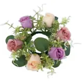 Close-up top view of artificial eucalyptus candle ring decorated with colorful roses - 4 Pcs Pack / Dusty Purple and Champagne